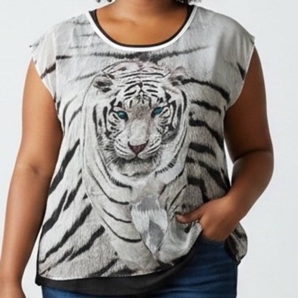 Big y2K Dots Womens 1X White Tiger Blouse Black Top USA mob wife animal bold‎
